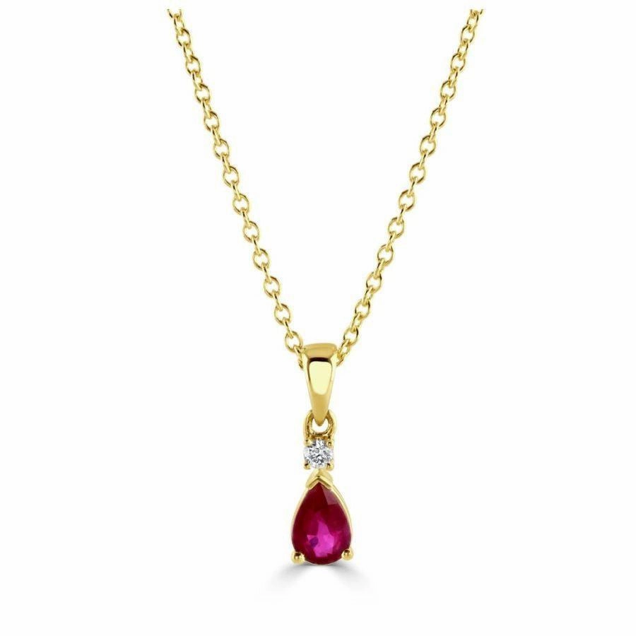 18ct Yellow Gold Pear Cut Ruby & Round Brilliant Cut Diamond Pendant