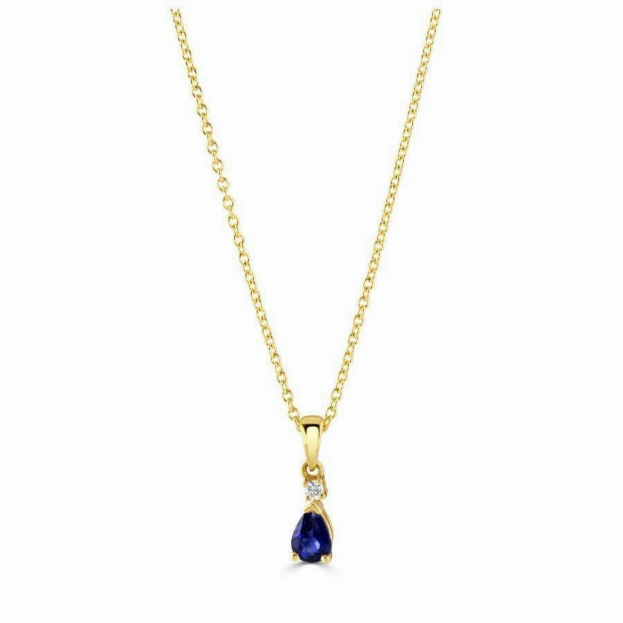 18ct Yellow Gold Pear Cut Sapphire & Round Brilliant Cut Diamond Pendant