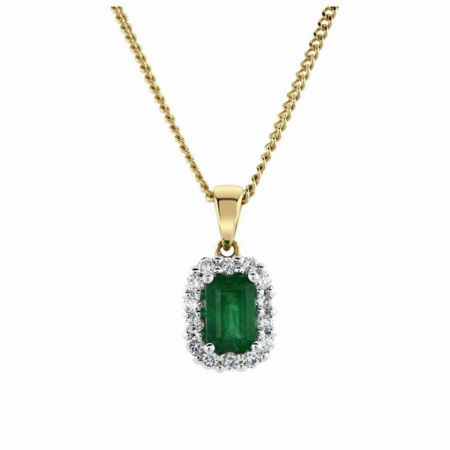 18ct Yellow Gold Rectangular Cut Emerald & Diamond Cluster Pendant