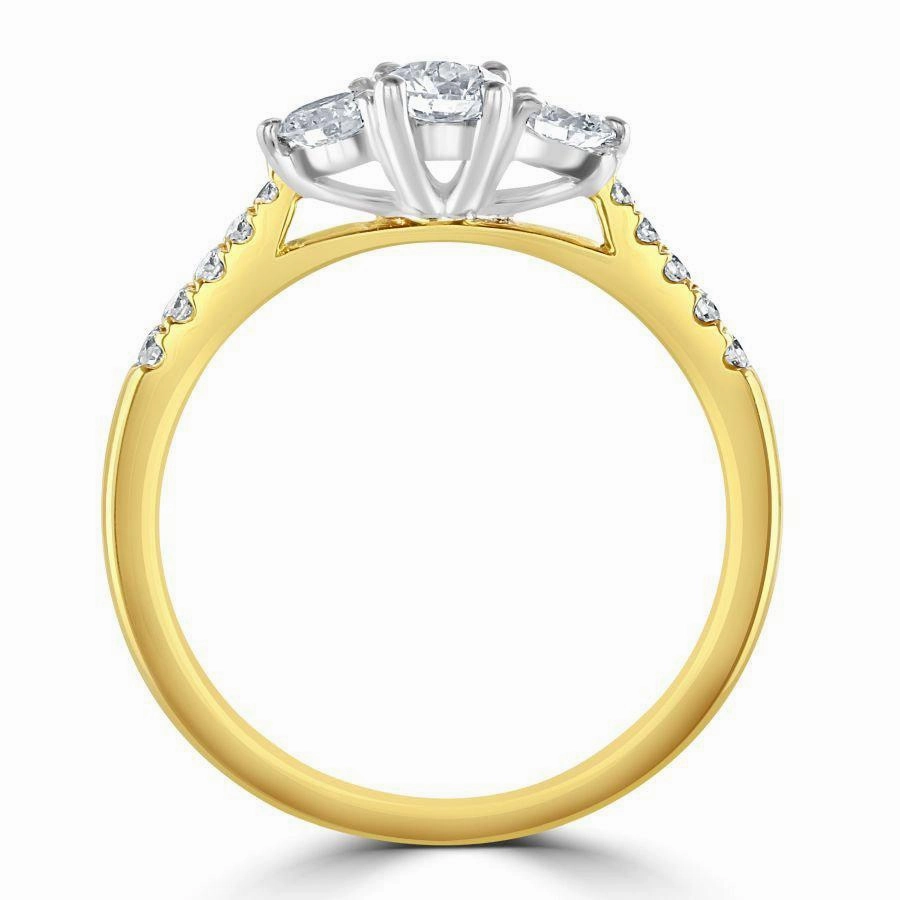 18ct Yellow Gold Round Brilliant Cut Diamond Trilogy Ring with Diamond Shoulders