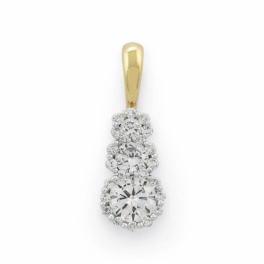 18ct Yellow Gold Round Brilliant Cut Diamond Triple Cluster Drop Pendant