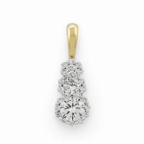 18ct Yellow Gold Round Brilliant Cut Diamond Triple Cluster Drop Pendant