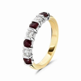 18ct Yellow Gold Ruby & Diamond Bar Set Half Eternity Ring