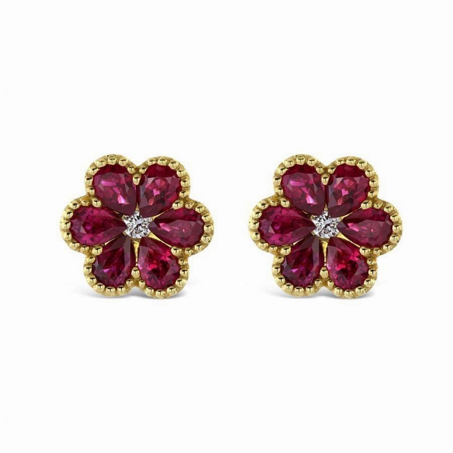 18ct Yellow Gold Ruby & Diamond Flower Stud Earrings