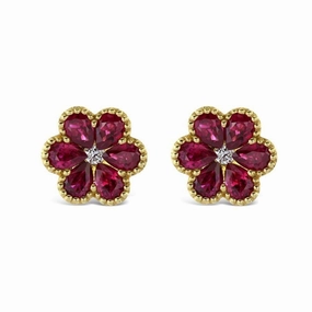 18ct Yellow Gold Ruby & Diamond Flower Stud Earrings