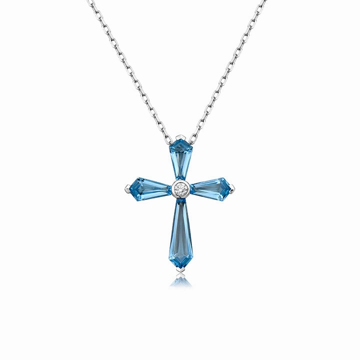 18k White Gold Blue Topaz Cross Pendant Necklace