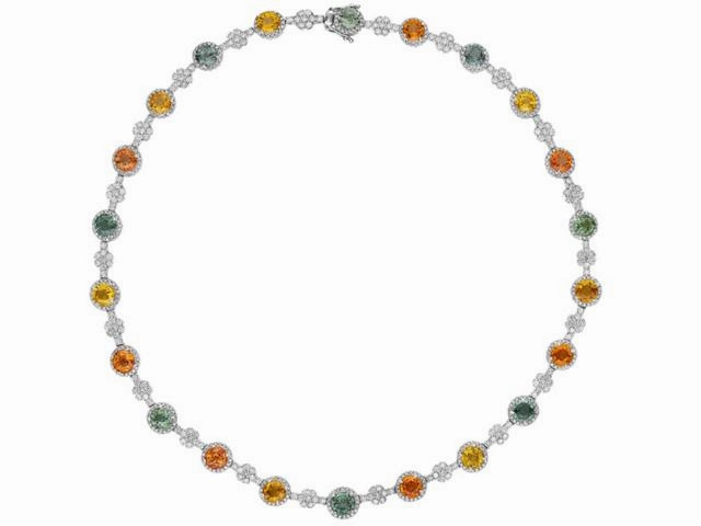 18k White Gold Multi Color Sapphire & Diamond Necklace