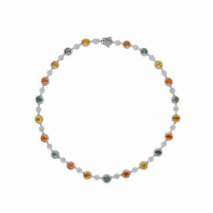 18k White Gold Multi Color Sapphire & Diamond Necklace