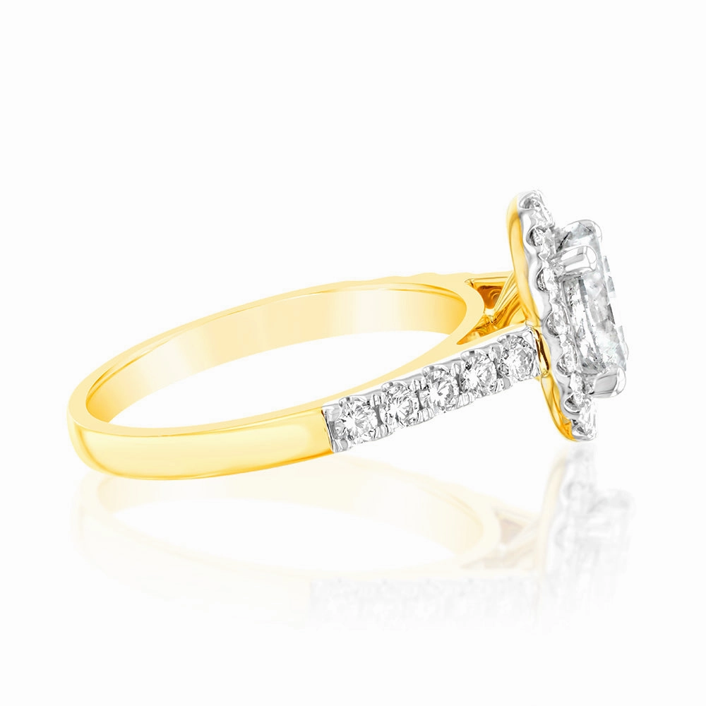 1.50 Carat Diamond Ring With 1 Carat Oval Centre Surrounded by 1/2 Carat Round Diamond Halo in 18ct Yellow Gold