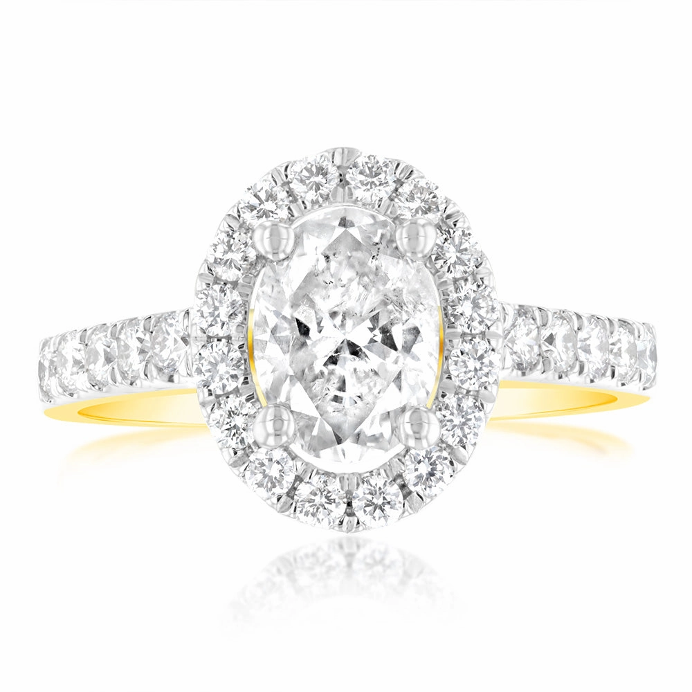 1.50 Carat Diamond Ring With 1 Carat Oval Centre Surrounded by 1/2 Carat Round Diamond Halo in 18ct Yellow Gold