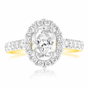 1.50 Carat Diamond Ring With 1 Carat Oval Centre Surrounded by 1/2 Carat Round Diamond Halo in 18ct Yellow Gold