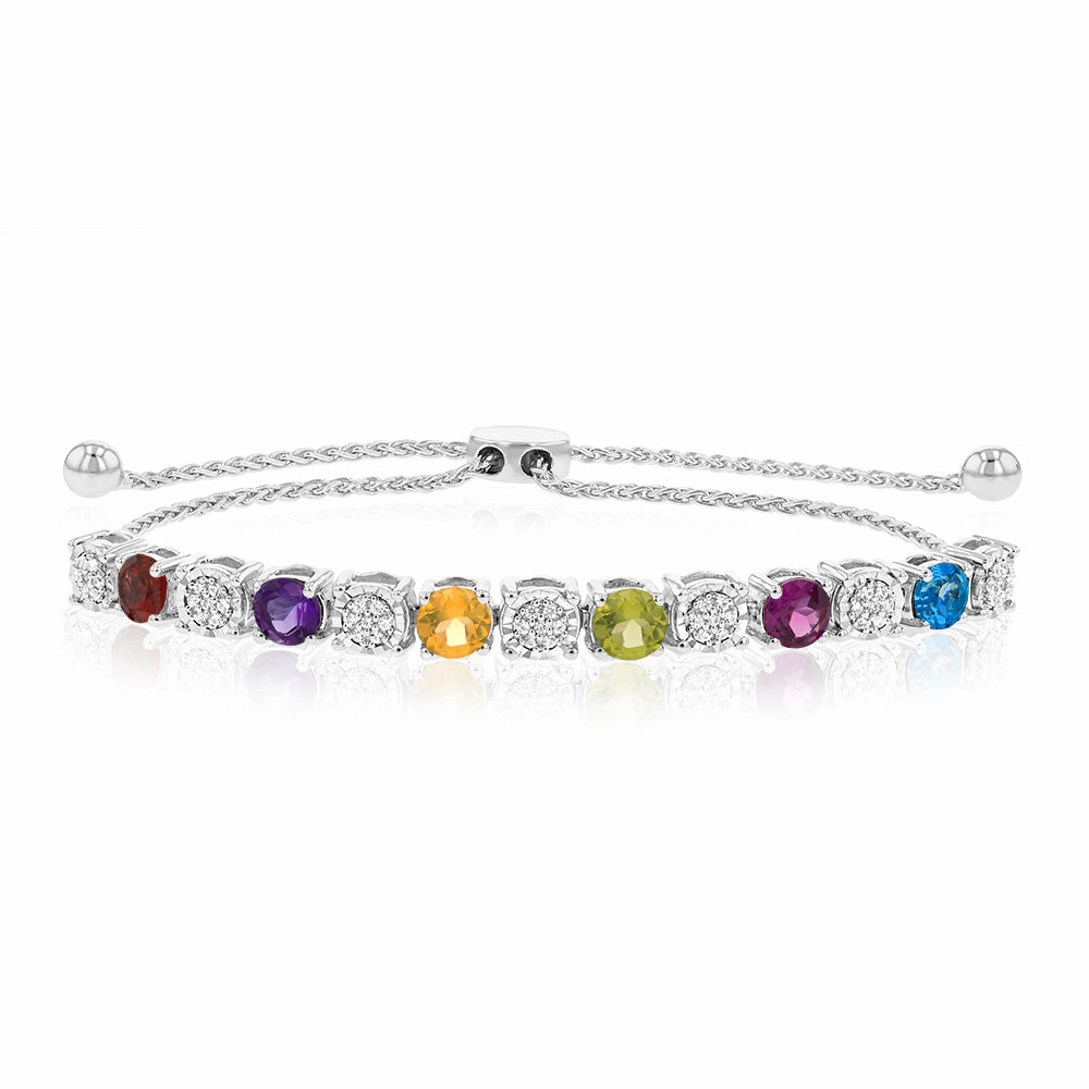 1.86Ct Mix Color Stone(Garnet, Amethyst, Citrine, Peridot, Rhodolite, London Blue Topaz) & 49 Diamond Bracelet in Sterling Silver