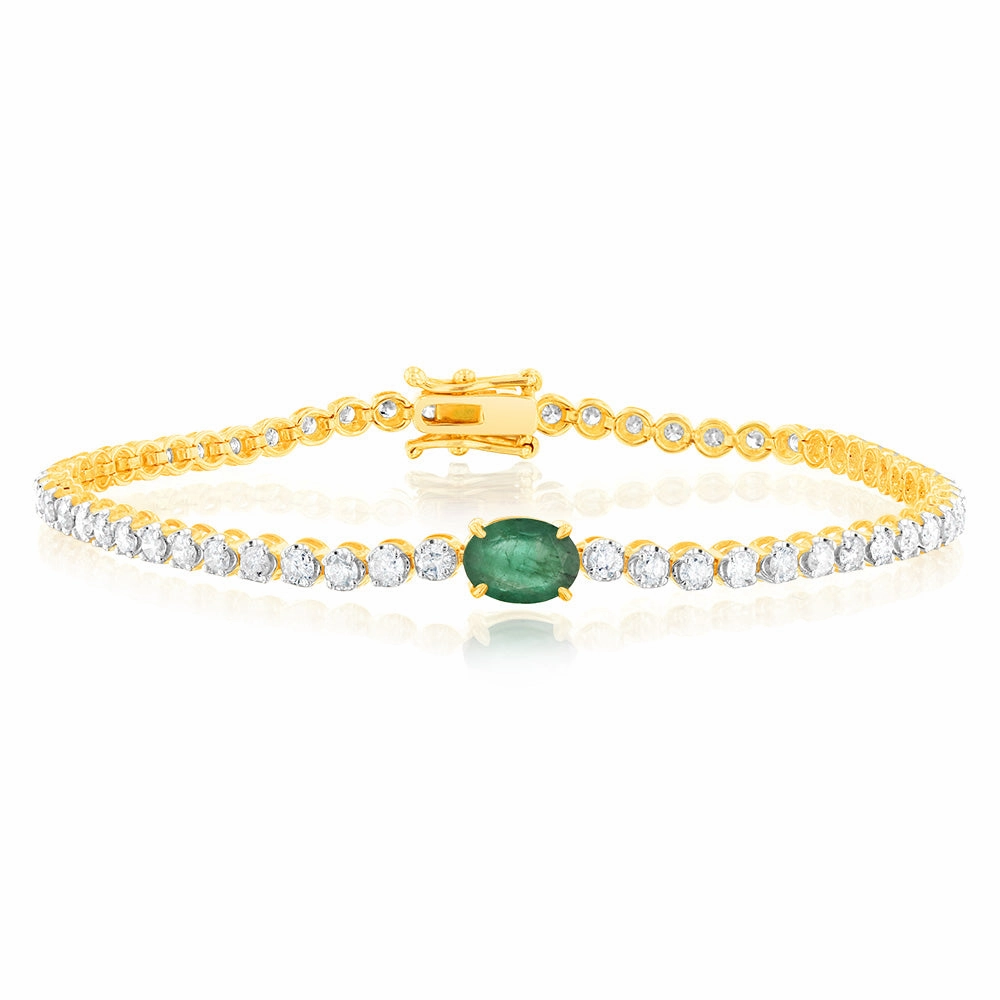 2 Carat Natural Diamonds Bracelet with .70CT Natural Emerald in 9ct Yellow Gold