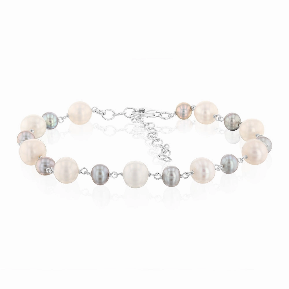5-8mm Fresh Water White & Grey Pearl Bracelet in Sterling Silver
