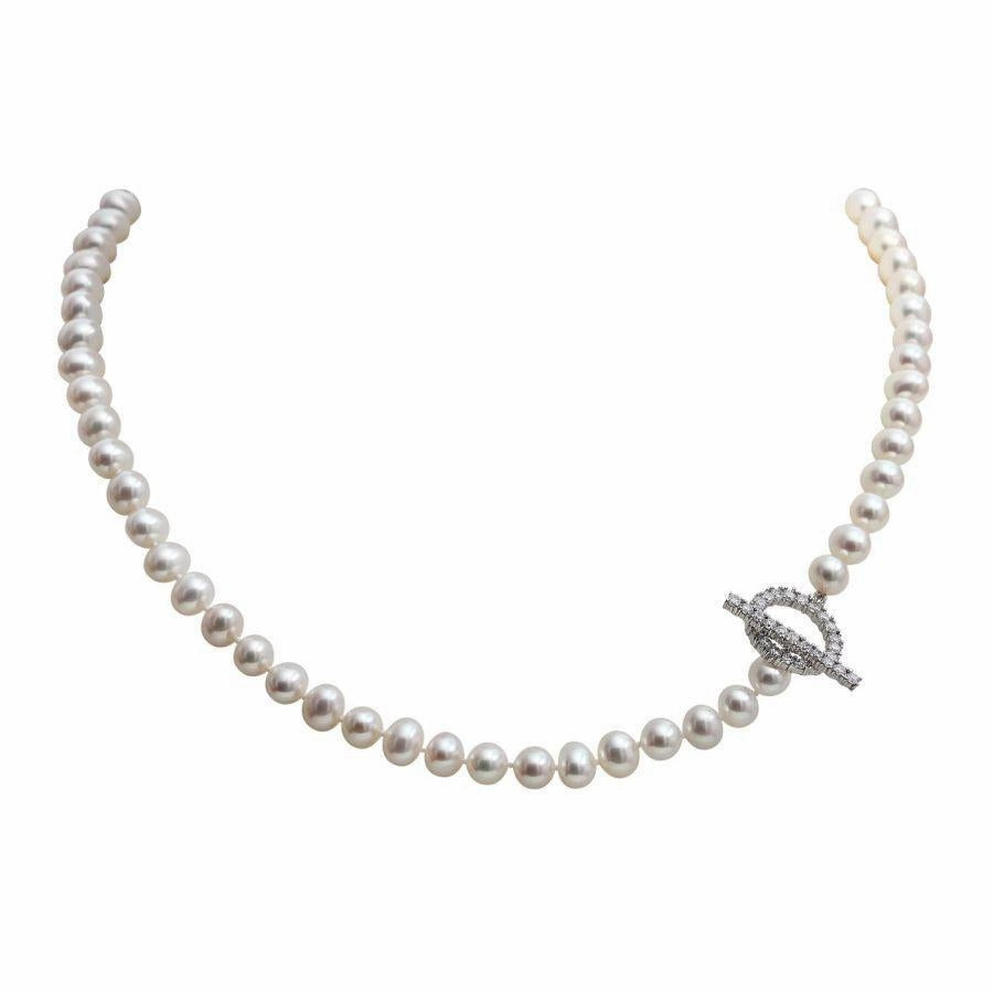 6.0-6.5mm Cultured Frestwater Pearl Necklace with Cubic Zirconia Set T-Bar Clasp