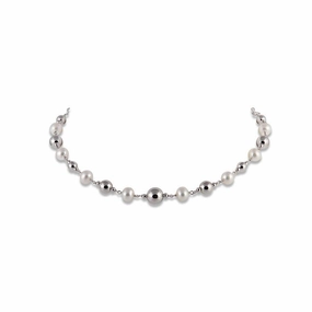 7.5mm Cultured Freshwater Pearl & Silver Ball Necklace