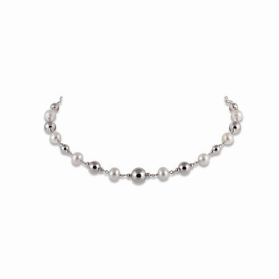 7.5mm Cultured Freshwater Pearl & Silver Ball Necklace