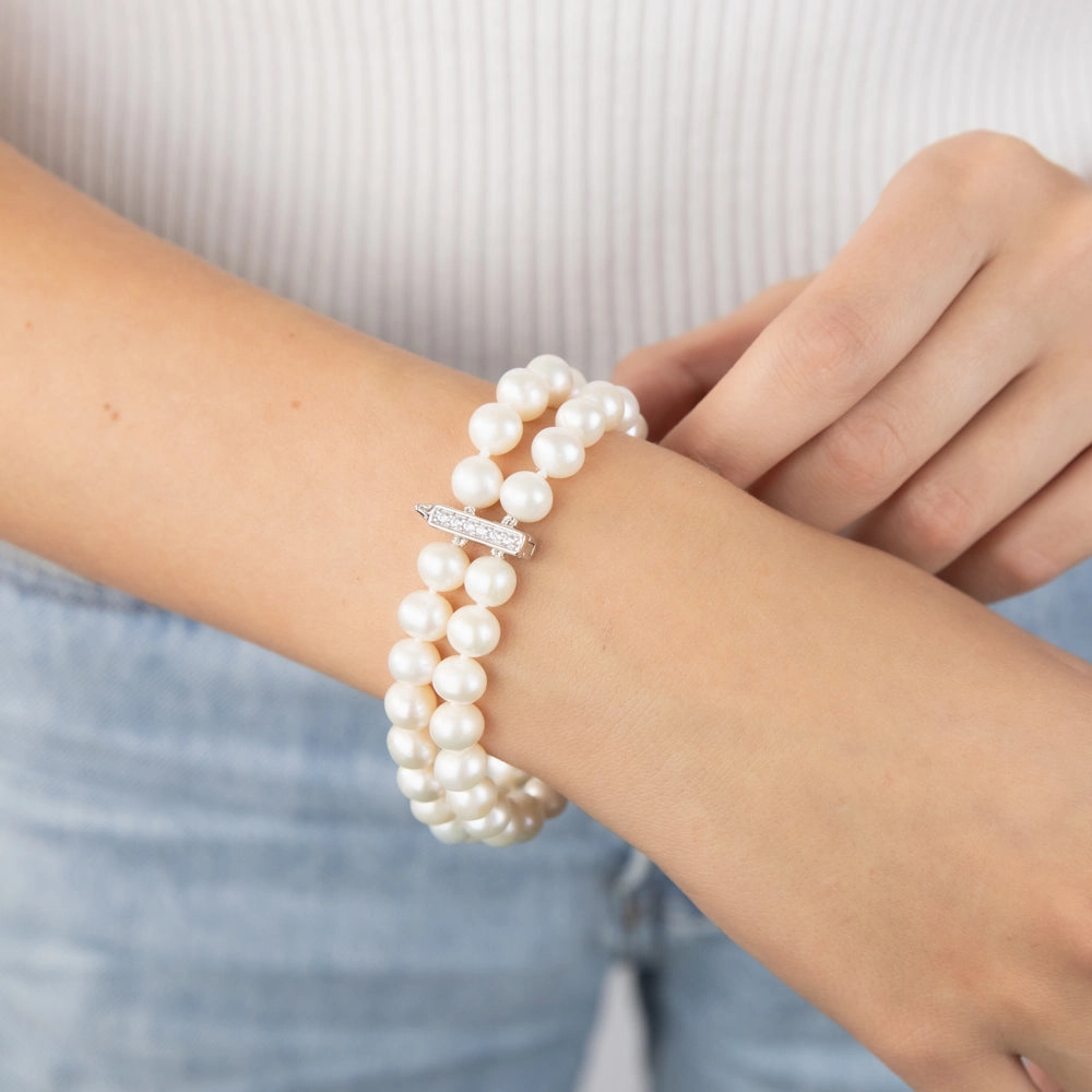 7-8mm Fresh Water Pearl & Cubic Zirconia Bracelet in Sterling Silver