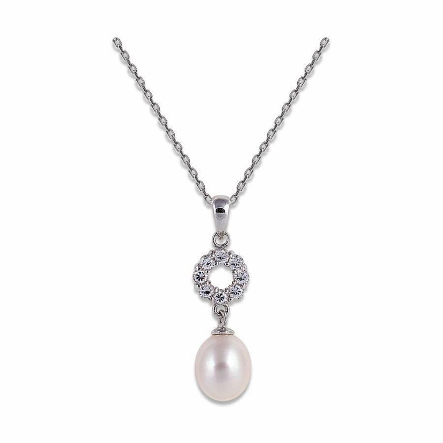 8.0-8.5mm Cultured Freshwater Pearl & Cubic Zirconia Set Pendant