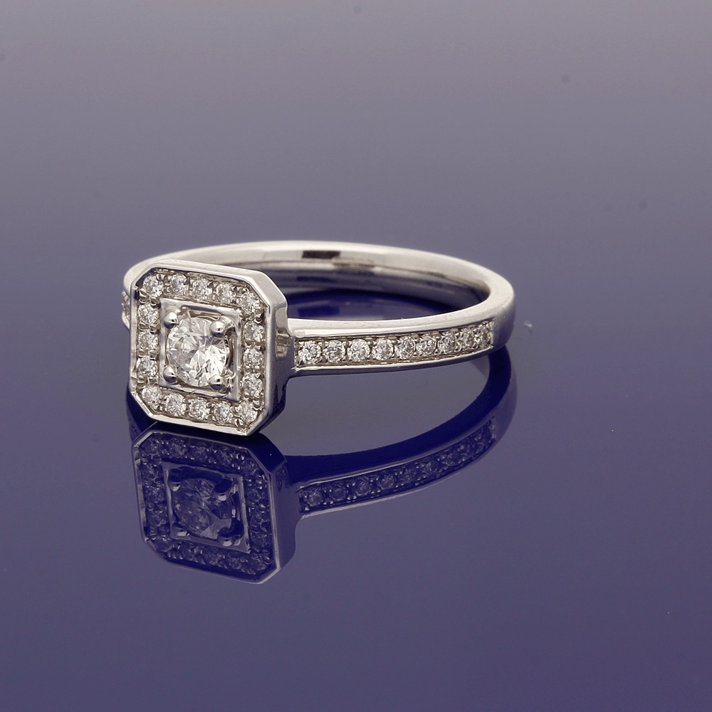 9ct White Gold Diamond Halo Cluster Ring with Diamond Set Shoulders