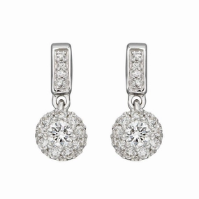 9ct White Gold Round Brilliant Cut Diamond Halo Cluster Drop Earrings