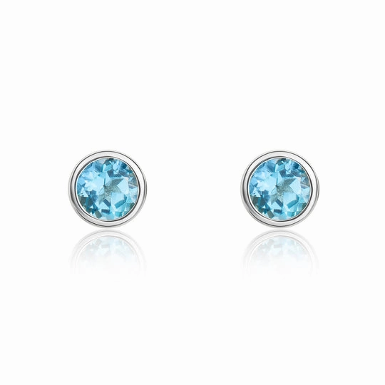 9ct White Gold Round Swiss Blue Topaz Rubover Stud Earrings 3mm