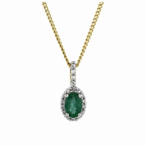 9ct Yellow and White Gold Oval Emerald and Diamond Cluster Pendant