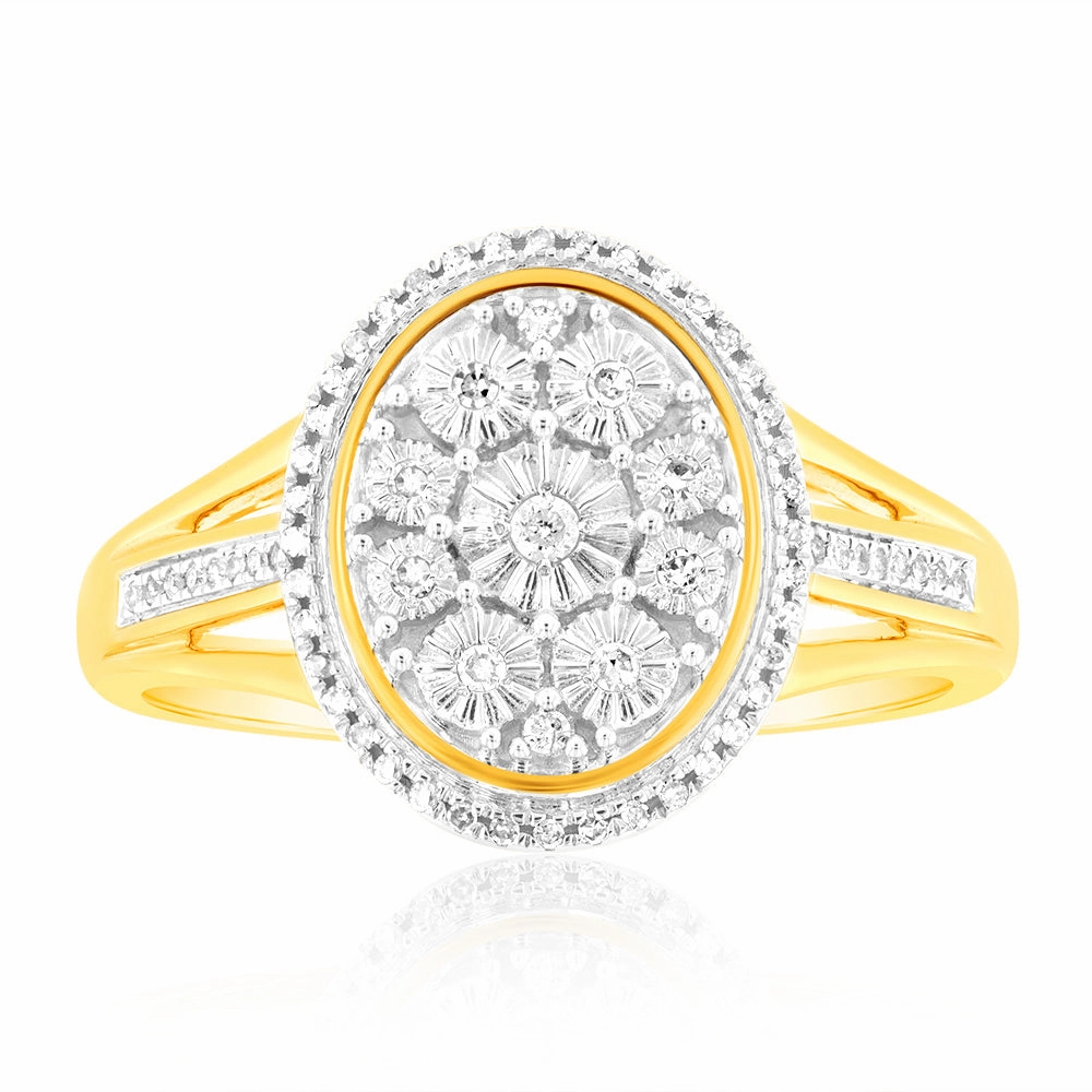 9ct Yellow Gold 1/10 Carat Diamond Ring set with 64 Round Brilliant Cut Diamonds