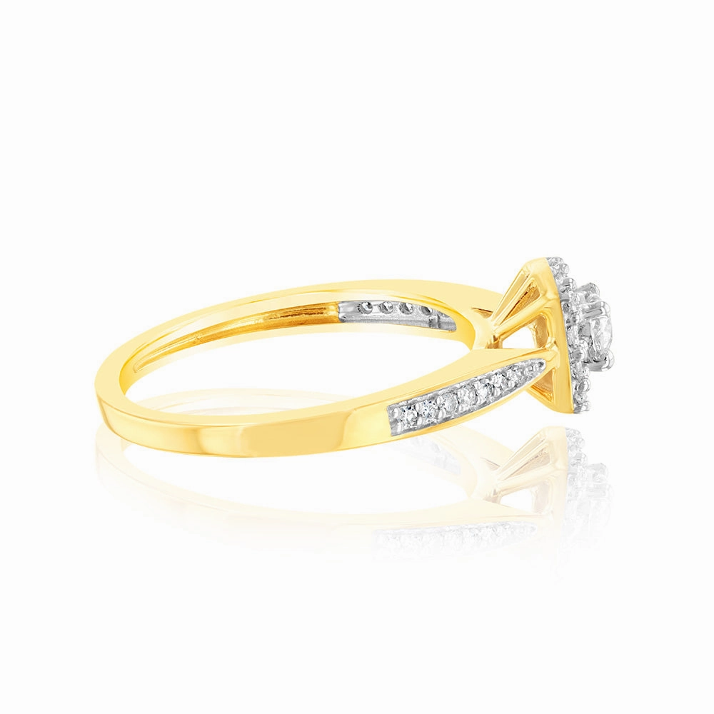 9ct Yellow Gold 1/3 Carat Diamond Halo Solitaire Ring with 12 Side Diamonds