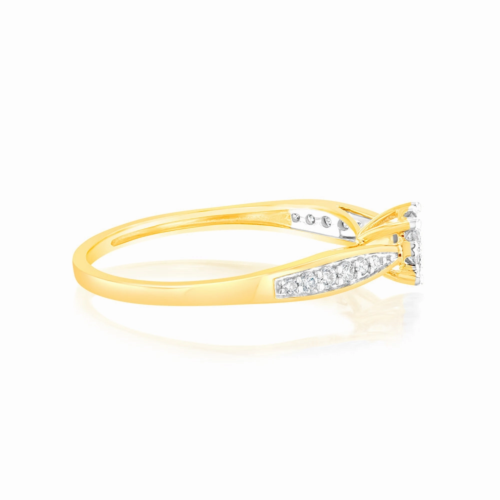 9ct Yellow Gold 1/4 Carat Diamond Halo Solitaire Ring with Diamond 12 Side Diamonds
