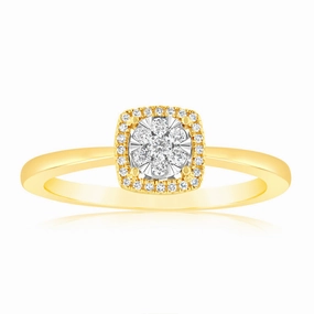 9ct Yellow Gold 1/6 Carat Diamond Cluster Halo Ring