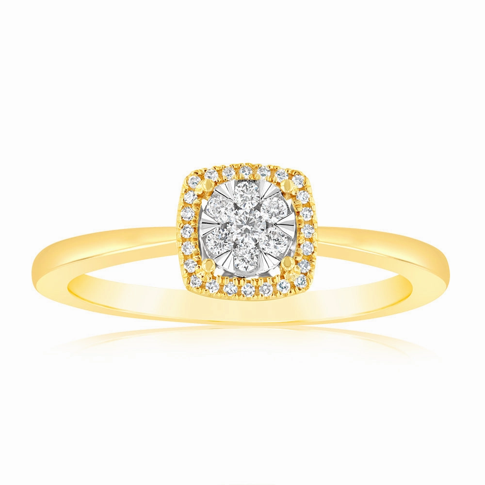 9ct Yellow Gold 1/6 Carat Diamond Cluster Halo Ring