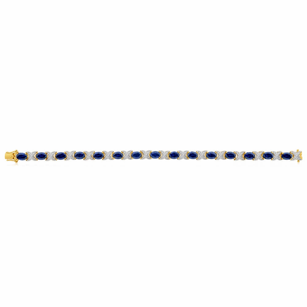 9ct Yellow Gold 7x5mm Oval Cut Created Sapphire and Diamond 19cm Crossover Bracelet