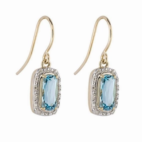 9ct Yellow Gold Blue Topaz & Diamond Drop Earrings