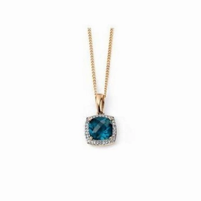 9ct Yellow Gold Checkerboard London Blue Topaz & Diamond Pendant