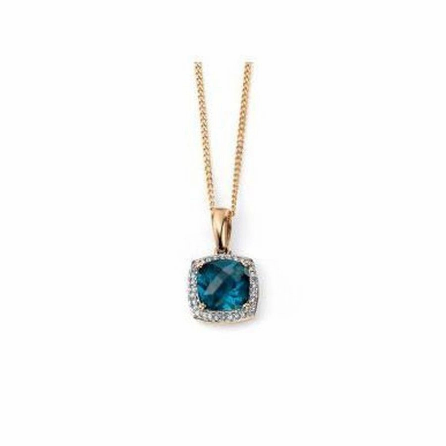 9ct Yellow Gold Checkerboard London Blue Topaz & Diamond Pendant