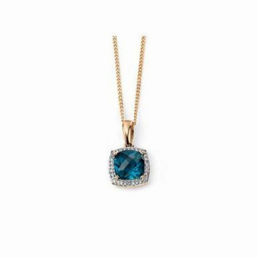 9ct Yellow Gold Checkerboard London Blue Topaz & Diamond Pendant