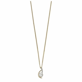 9ct Yellow Gold Cultured Feshwater Pearl & Diamond Set Swirl Pendant