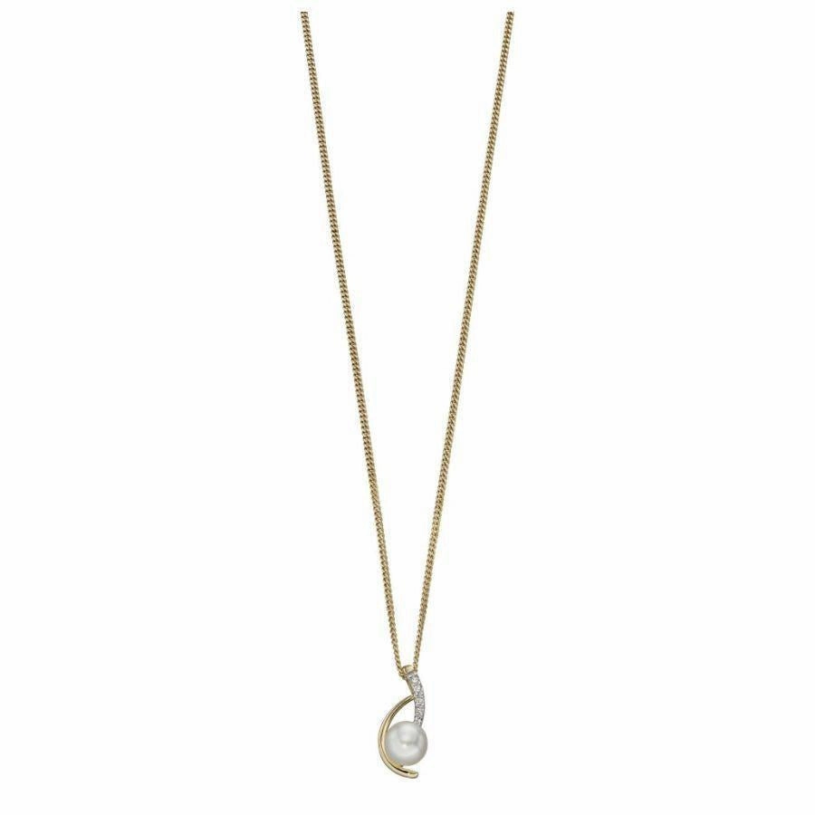 9ct Yellow Gold Cultured Feshwater Pearl & Diamond Set Swirl Pendant