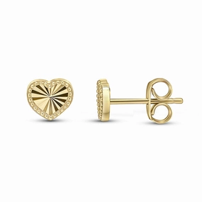 9ct Yellow Gold Diamond Cut Beaded Edge Heart Stud Earrings 6.5mm
