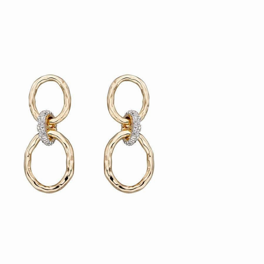 9ct Yellow Gold Diamond Set Hammered Loop Drop Earrings