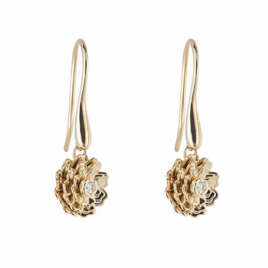 9ct Yellow Gold Diamond Set Peony Hook Drop Earrings