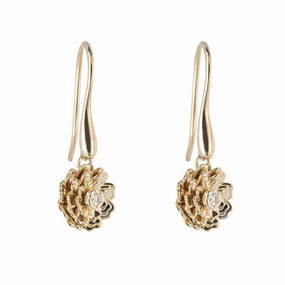 9ct Yellow Gold Diamond Set Peony Hook Drop Earrings