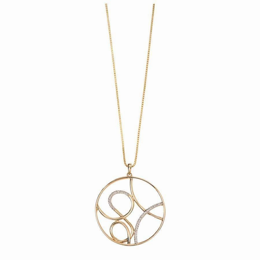 9ct Yellow Gold Diamond Set Round Scroll Pattern Pendant & Chain