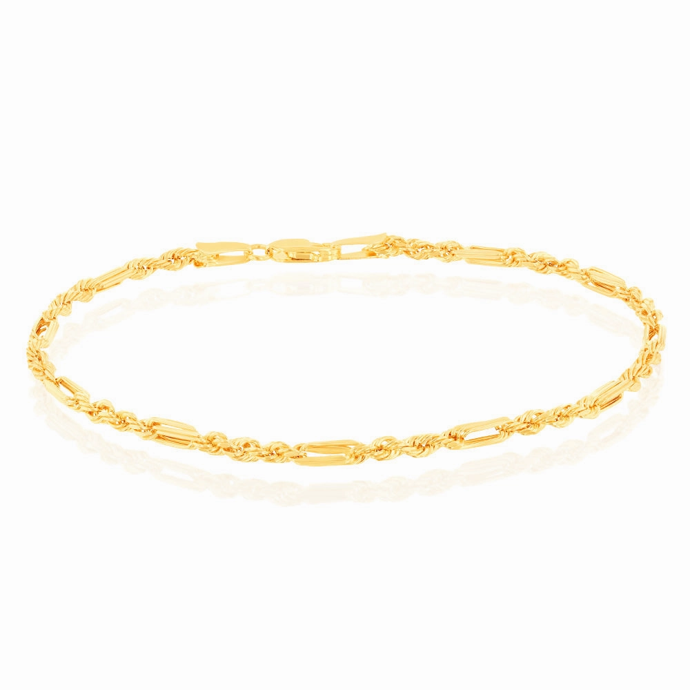 9ct Yellow Gold Hollow Diamond Cut Figarope 18.5cm Bracelet