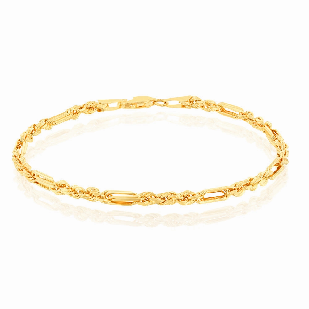 9ct Yellow Gold Hollow Diamond Cut Figarope 18.5cm Bracelet