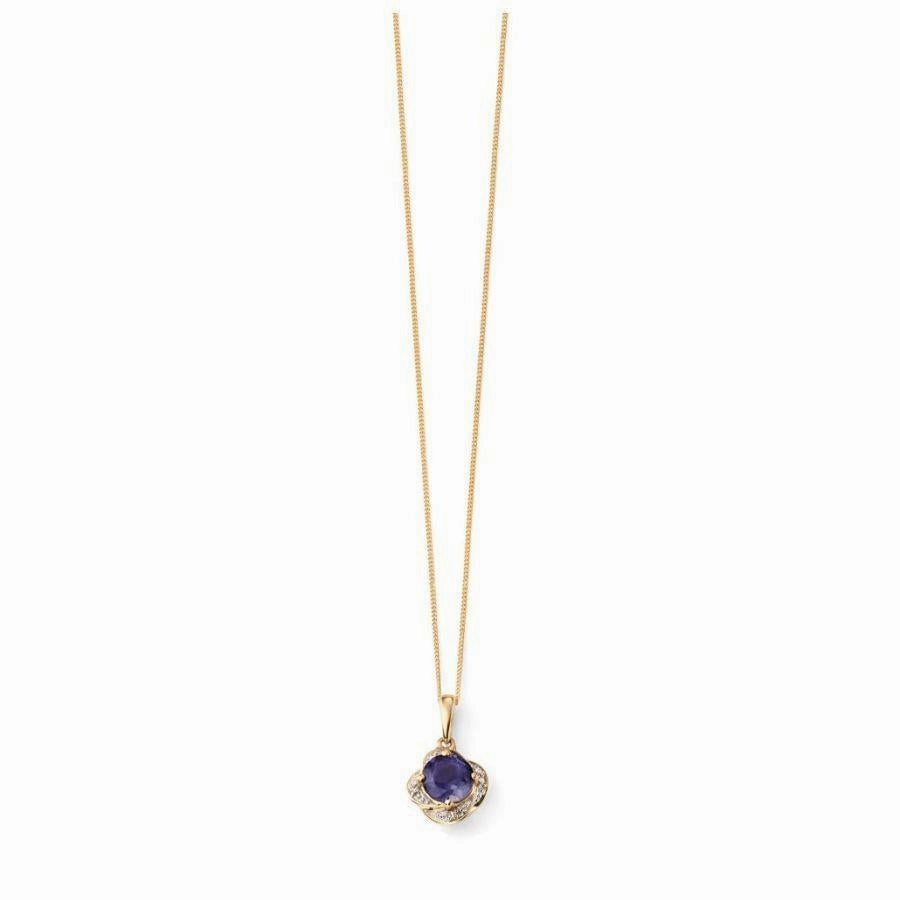 9ct Yellow Gold Iolite & Diamond Pendant