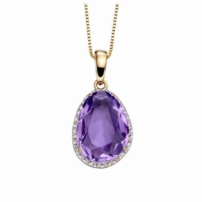 9ct Yellow Gold Irregular Cut Amethyst & Diamond Halo Cluster Pendant