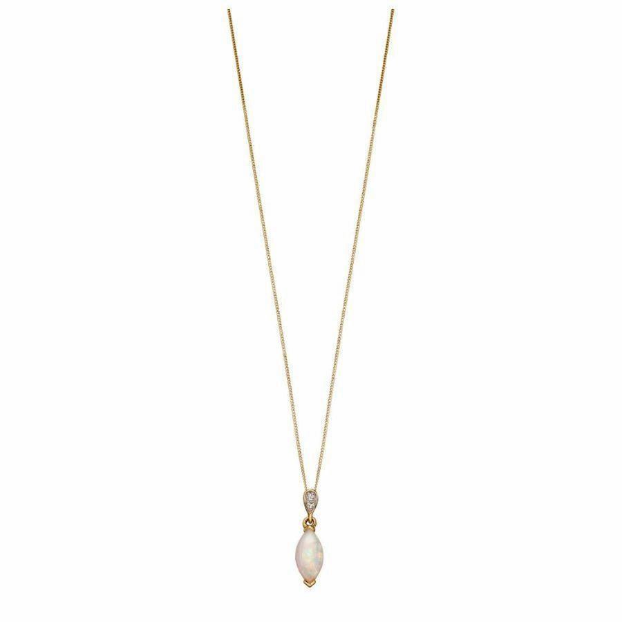 9ct Yellow Gold Marquise Cut Opal & Diamond Drop Pendant