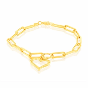 9ct Yellow Gold Open Heart Charm Paperclip 19.1cm Bracelet